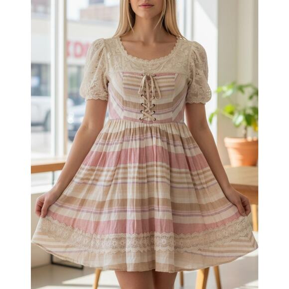 OLIVEdes OLIVE Dress sz Small Pink Beige Striped Lace Corset Top Flared Lined - Picture 1 of 16